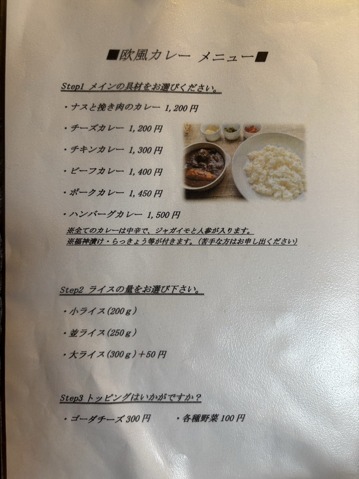 エソラの欧風カレーメニュー。ナスと挽き肉のカレーからハンバーグカレーまで