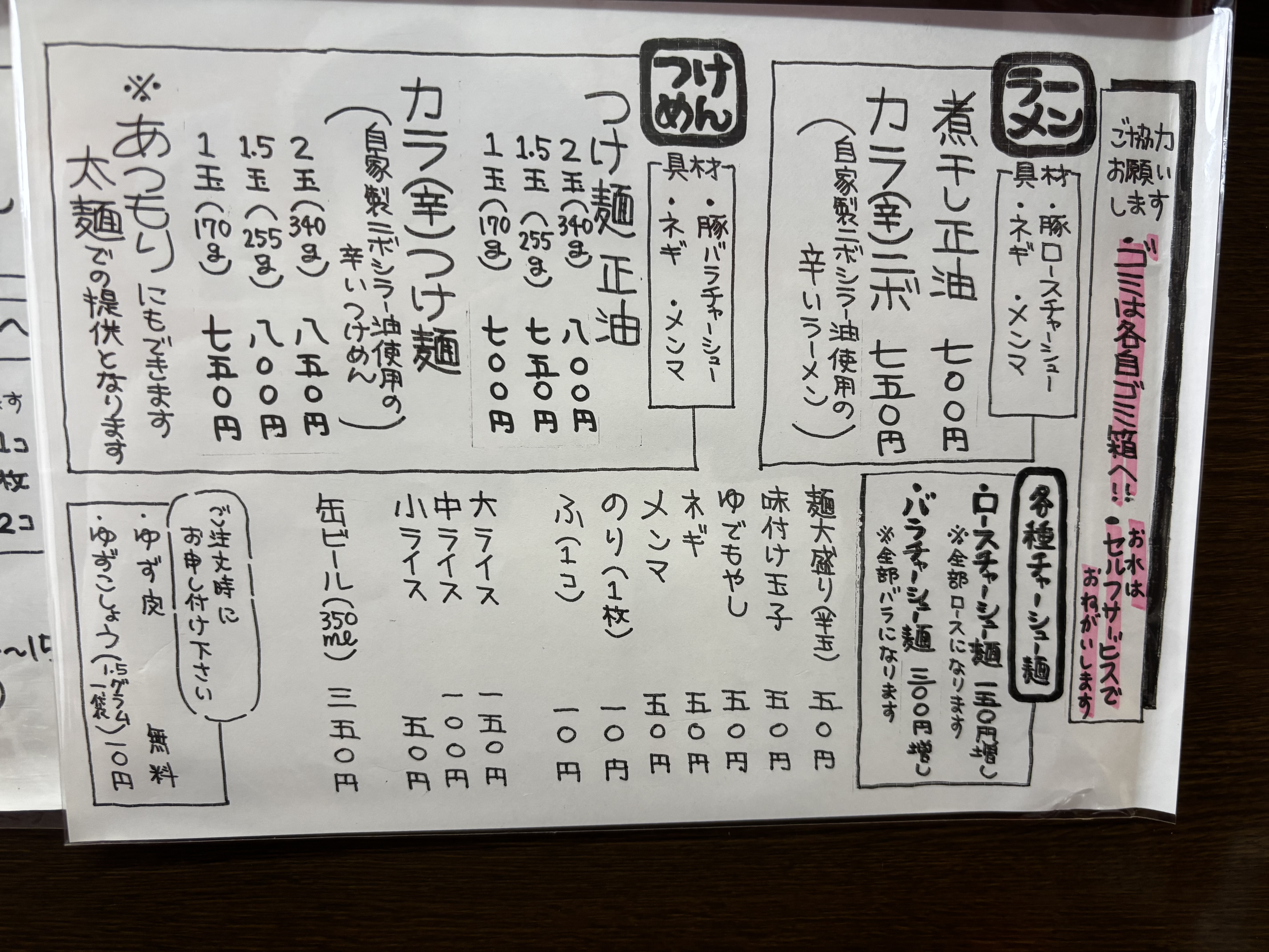 ラーメン木曜日・メニュー