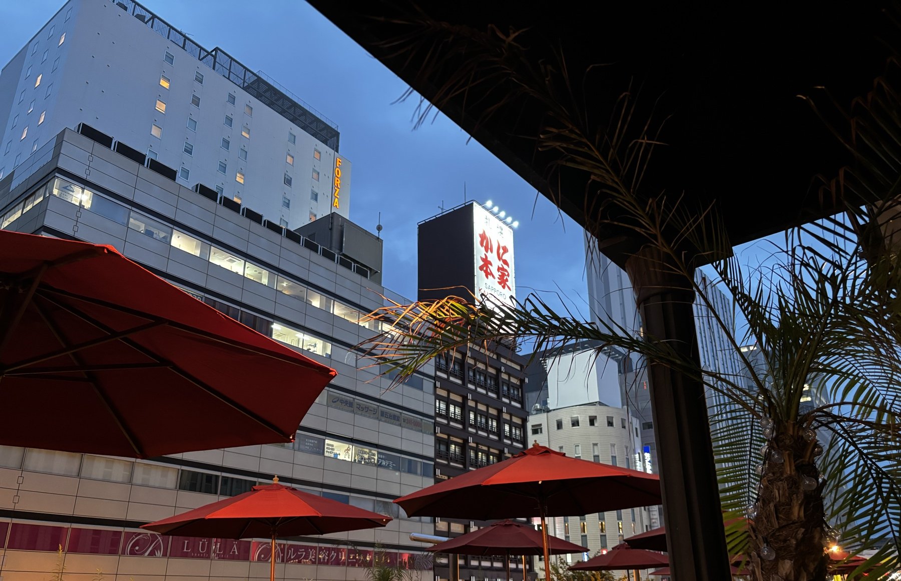 赤いパラソルとヤシの木が並ぶテラス席。奥にかに本家のネオンが光る夕暮れの札幌駅前